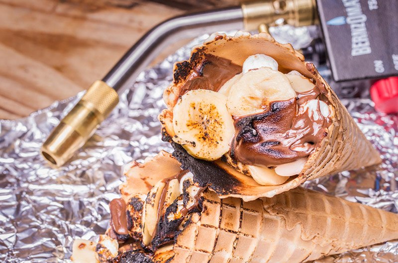Nutella and banana torched campfire cone